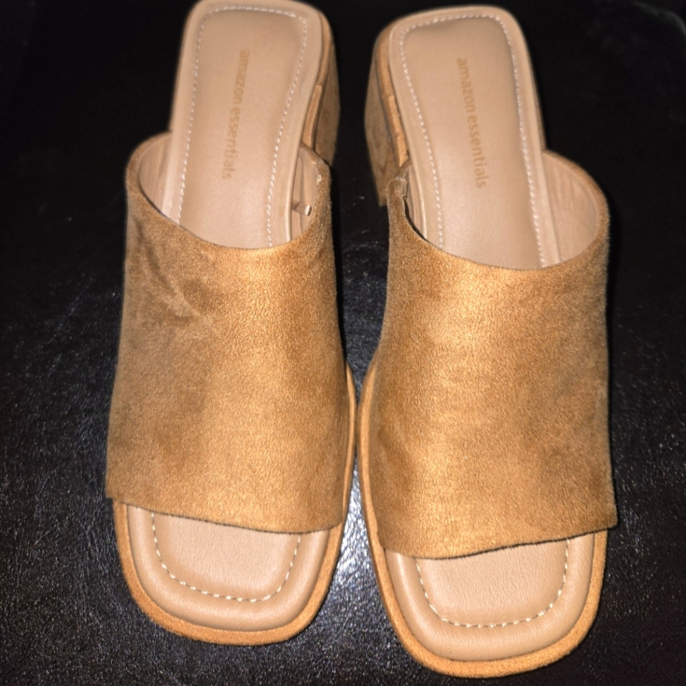 Amazon Essential suede tan block heel mule